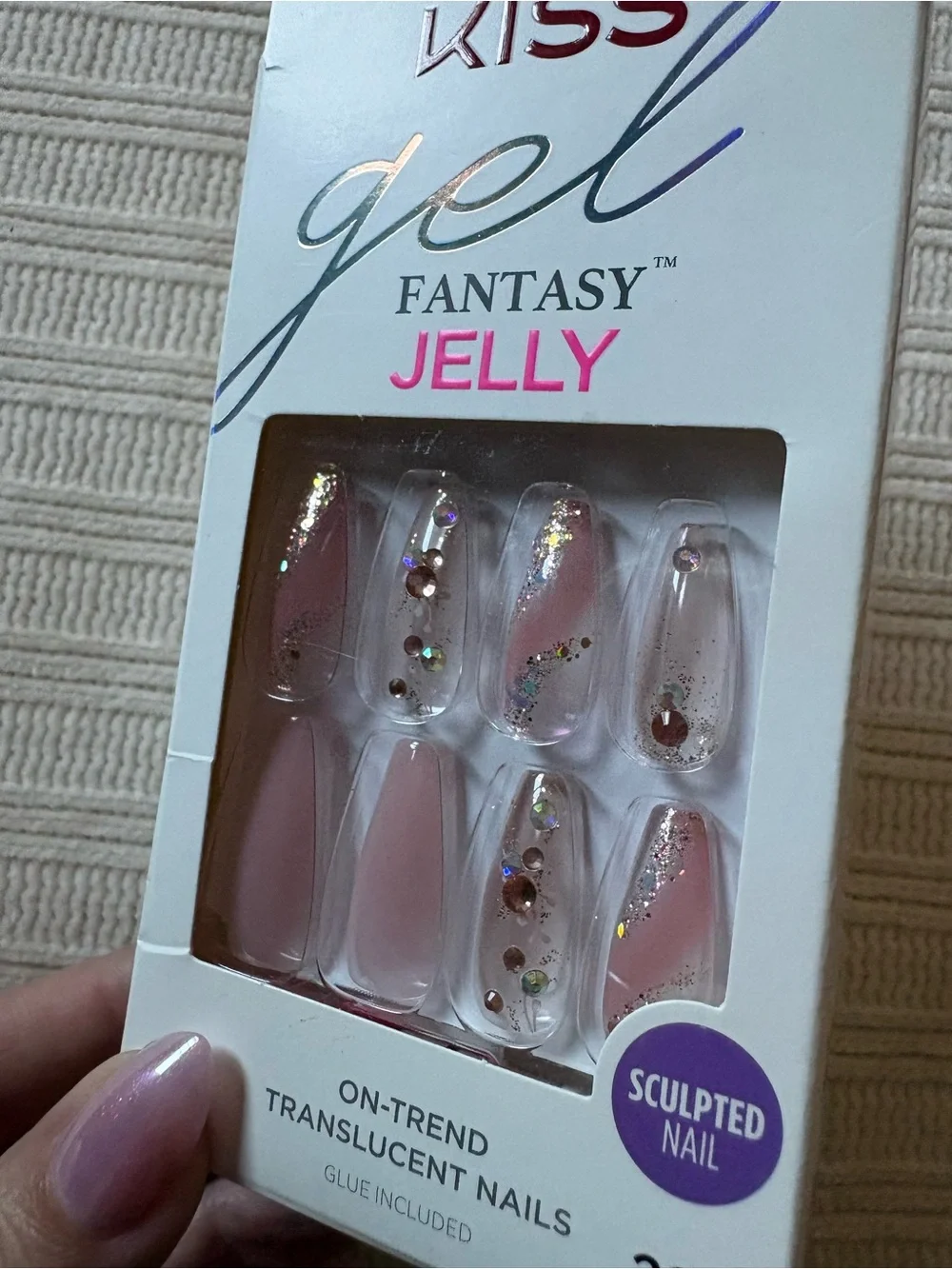 Kiss Gel Fantasy Jelly Translucent Pink Sculpted Press-On Nails with Gems